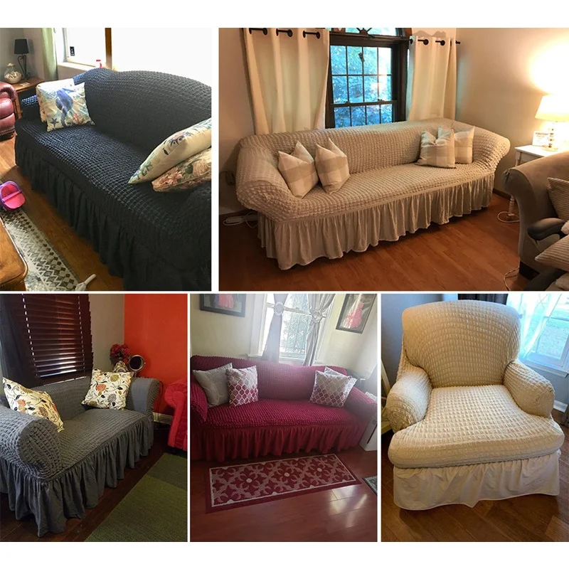 Ruffled Seersucker Sofa Cover for Living Room Thick Elastic Solid Stretch Couch Slipcovers 1/2/3/4 Seater Sofa Armchair Cover 3