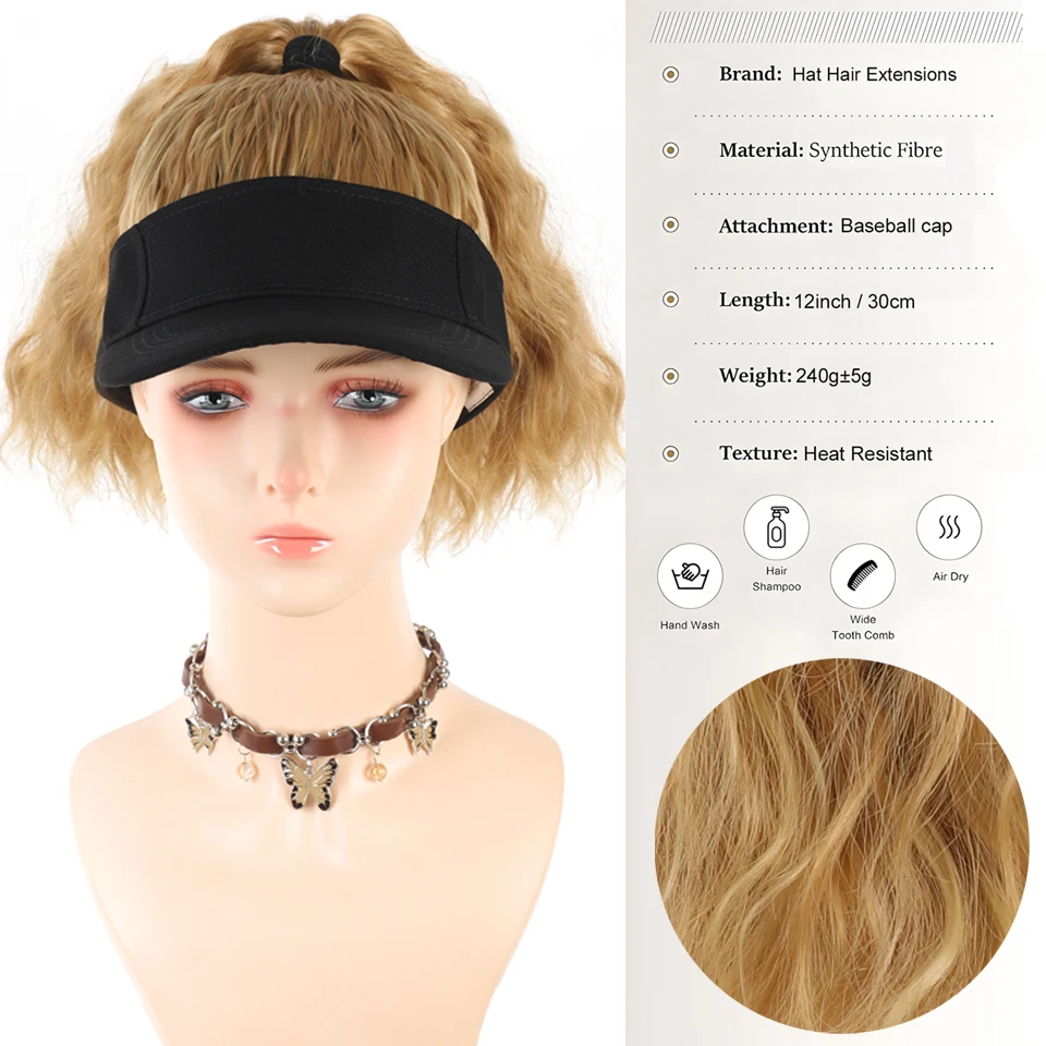 Synthetic Water Wave Ponytail Extensions wiht Hat Sun protection sports Baseball Cap All-in-one Hat Wig Adjustable size