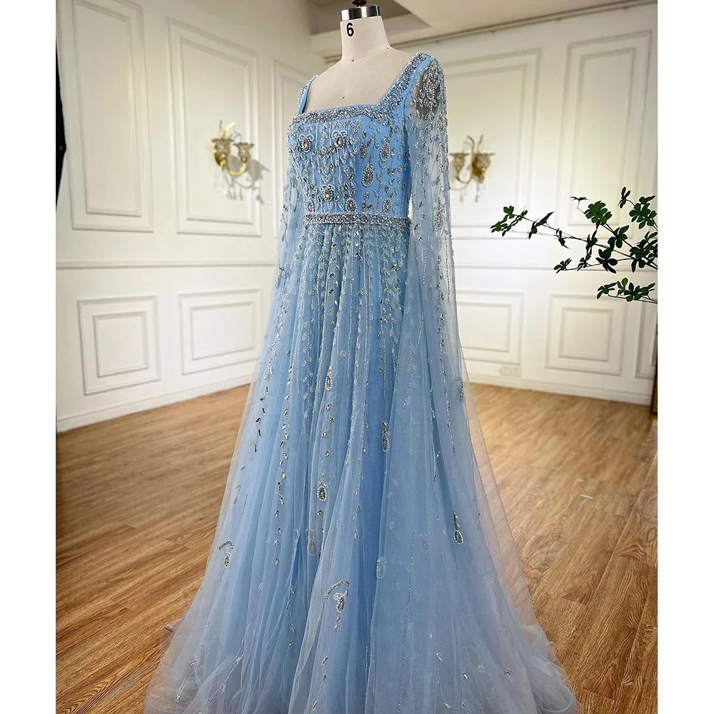 Serene Hill Muslim Pink A Line Square Collar Beaded Luxury Dubai Evening Dresses Gowns 2023 For Women Wedding Party LA71803A