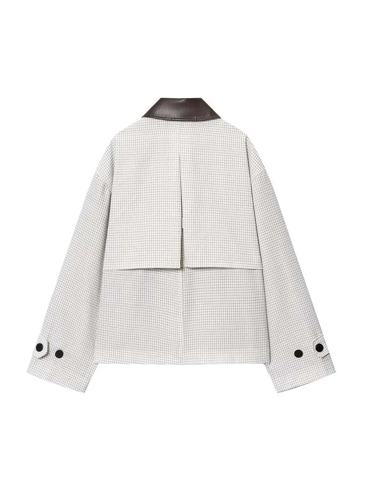 Women Leather collar Jacket 2025 New Autumn Fashion Grid Print Long Sleeve Zipper Loose Coat Chic Female High Street Outerwear ﻿