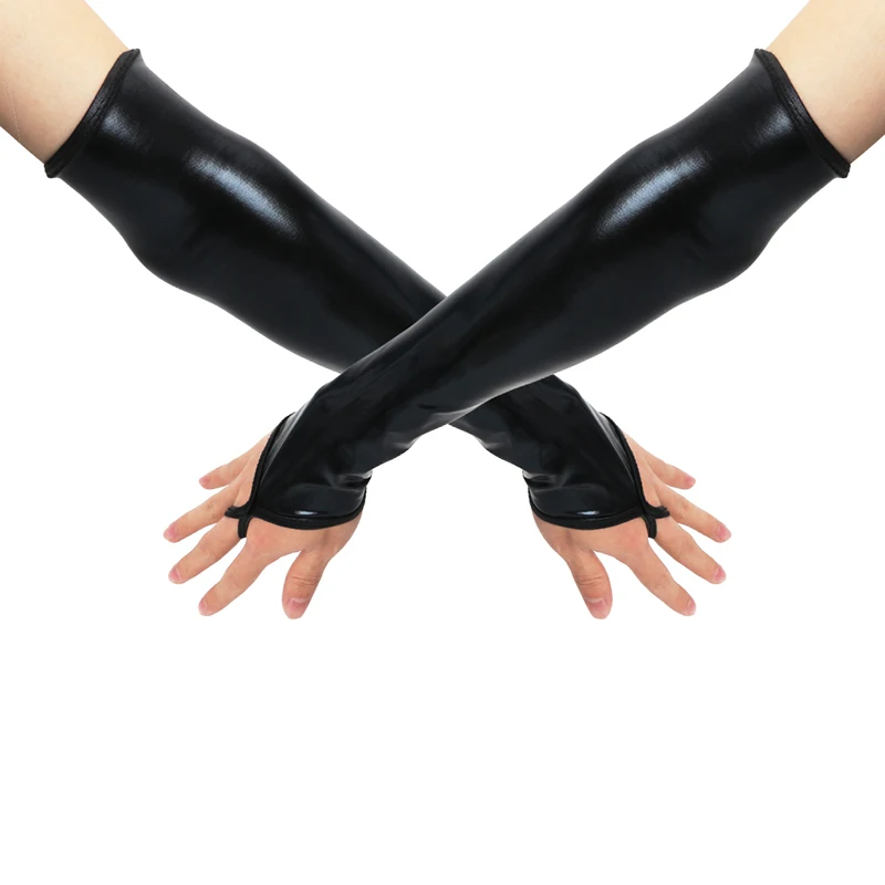 

Sexy Long Black Metallic Feel Gloves Synthetic Leather Arm Sleeves Costume New 449B