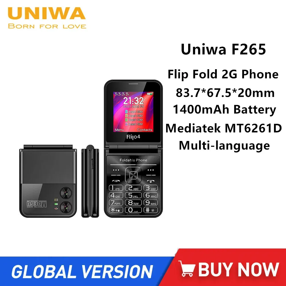 UNIWA F265 Fold Flip Phone Dual Screen Single Nano Big Push-Button 2G Mobile Phone for Elderly 1400mAh Battery English Keyboard artfone cs188 big button mobile phone for elderly upgraded gsm mobile phone with sos button talking number 1400mah battery