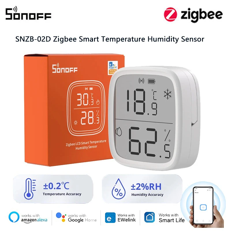 Умный датчик температуры и влажности SONOFF SNZB-02D Zigbee, большой ЖК-дисплей, дистанционный мониторинг в режиме реального времени, приложение Ewelink через Alexa Google Home