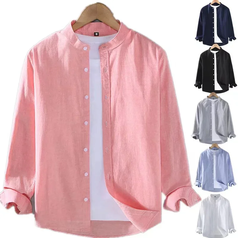 2024 Linen Shirt Stand Collar Long Sleeve Henry White Black Soft Comfortable Simple Spring Summer Men's Shirt Solid Color Shirt butz 2023 men s suit fashion men sets mens solid color summer henry neck short sleeve shirt shorts two pieces men casual suit