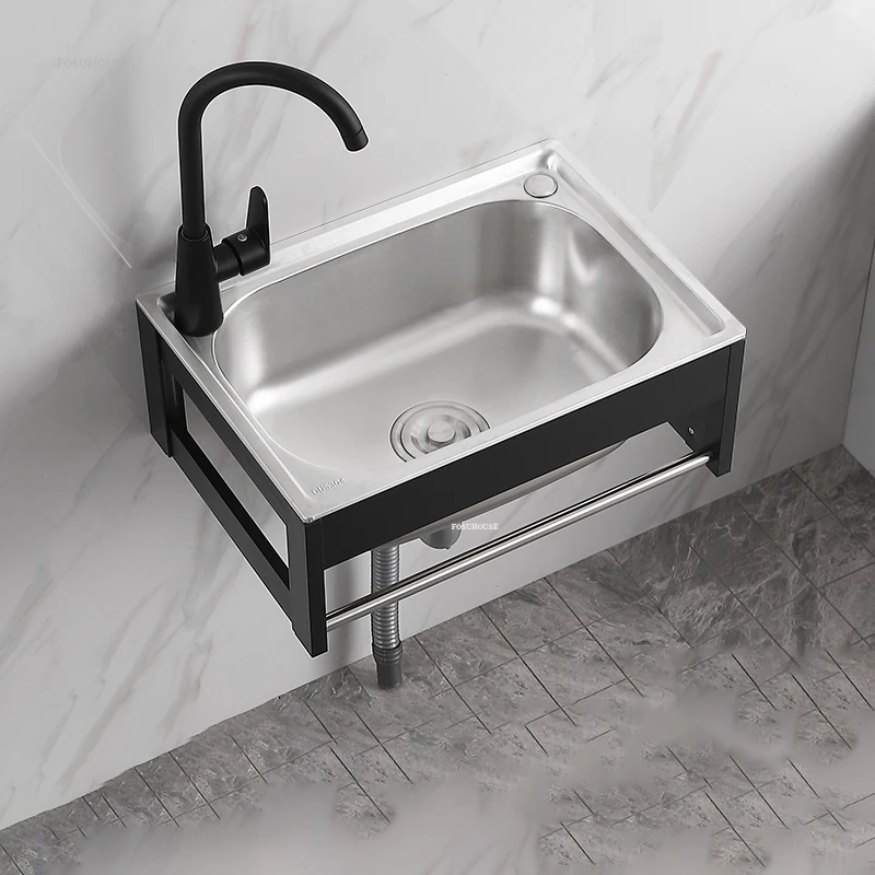 Simple Wall-mounted Kitchen Sinks Stainless Steel Kitchen Washbasin Single-slot Small Apartment Wall-mounted Sinks with Bracket 4