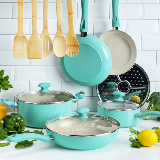 GreenLife Soft Grip 16 Piece Ceramic Non-Stick Cookware Set, Turquoise