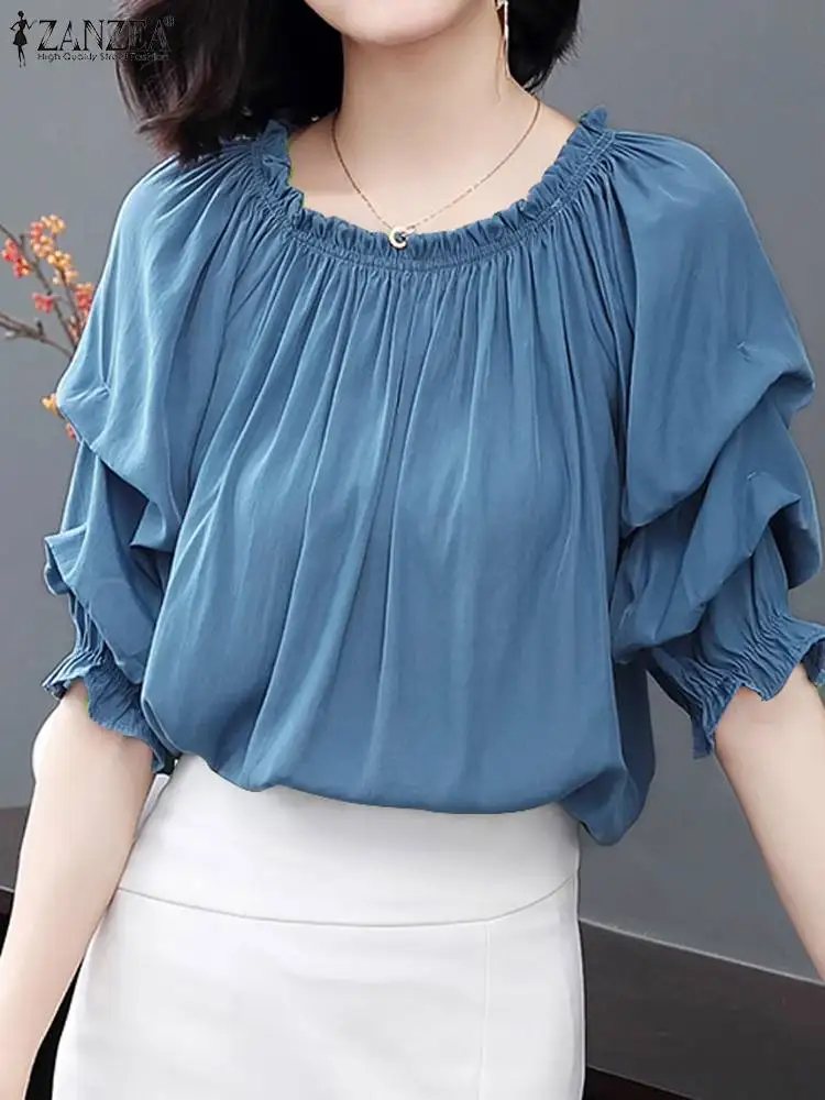 

Блузка ZANZEA Женская плиссированная эластичная, шикарная офисная рубашка с рукавом до локтя, модный топ с волнистым воротником, лето 2024