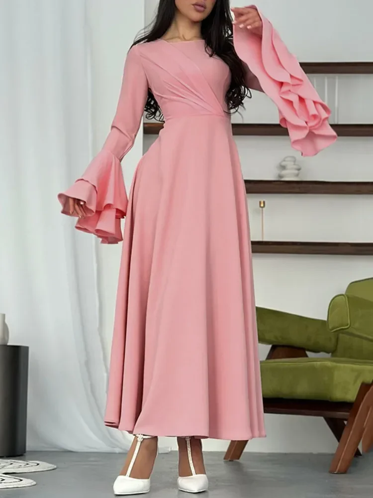 

Missuoo Women's Sweet Party Dress Solid Color Round Neck Flared Sleeves Tight Fitting Pleated Dresses Elegant Evening Dress