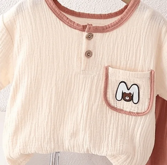 Infant Boys Daily Two Piece Clothes Set Breathable Crinkled Gauze Henley Shirt Letter Bear Pocket Elastic Cuff Casual Pants Suit 3