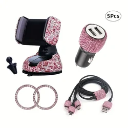 5Pcs Women Car Accessories Set Bling Diamond Car Phone Holder Auto Charger 3-in-1 Charging Cable 1Pair One-key Start Stickers