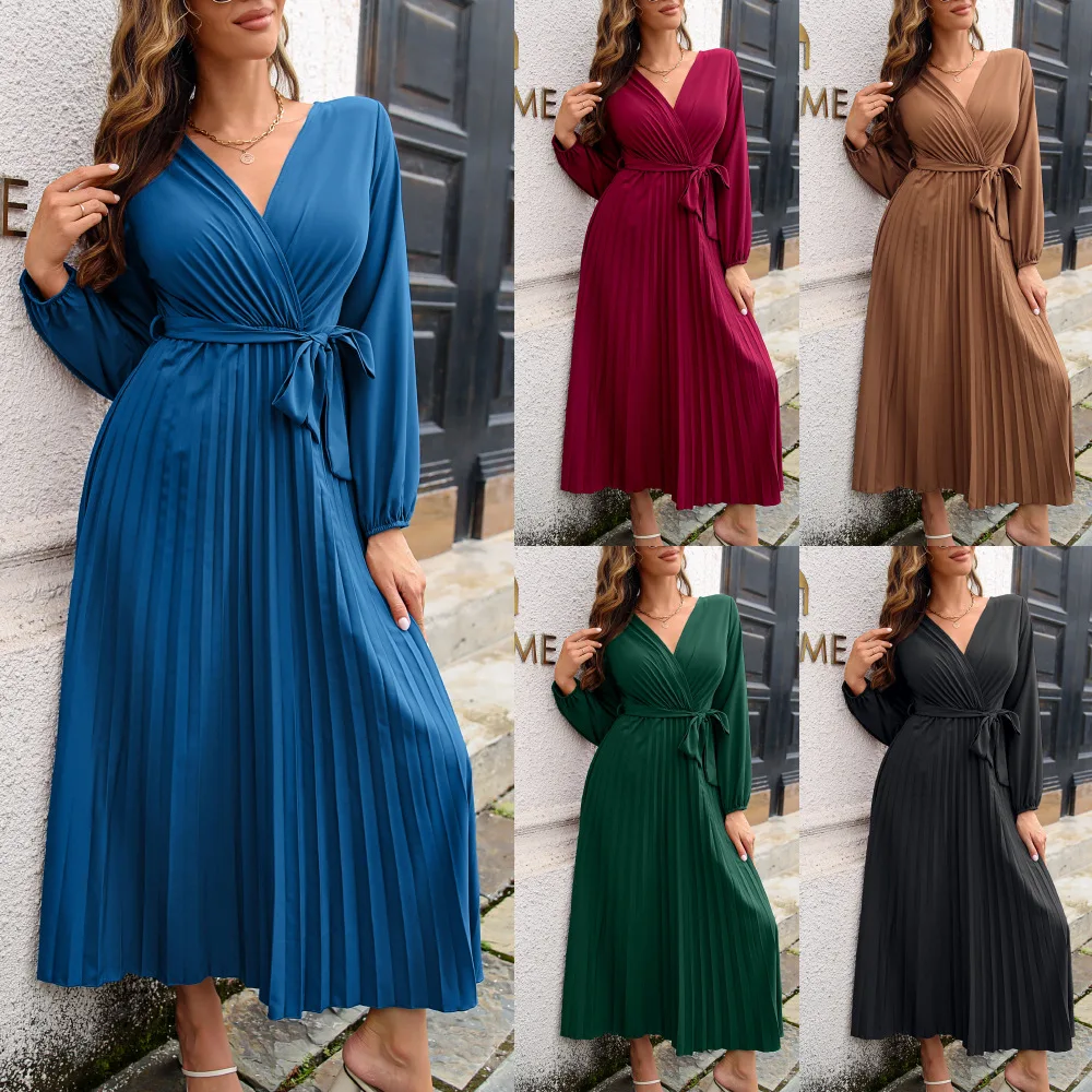 

Pleated Long Sleeve Dress Women Elegant Vintage Temperament Cross V-neck Large Swing Belt Retro Blue Green Spring Summer Autumn