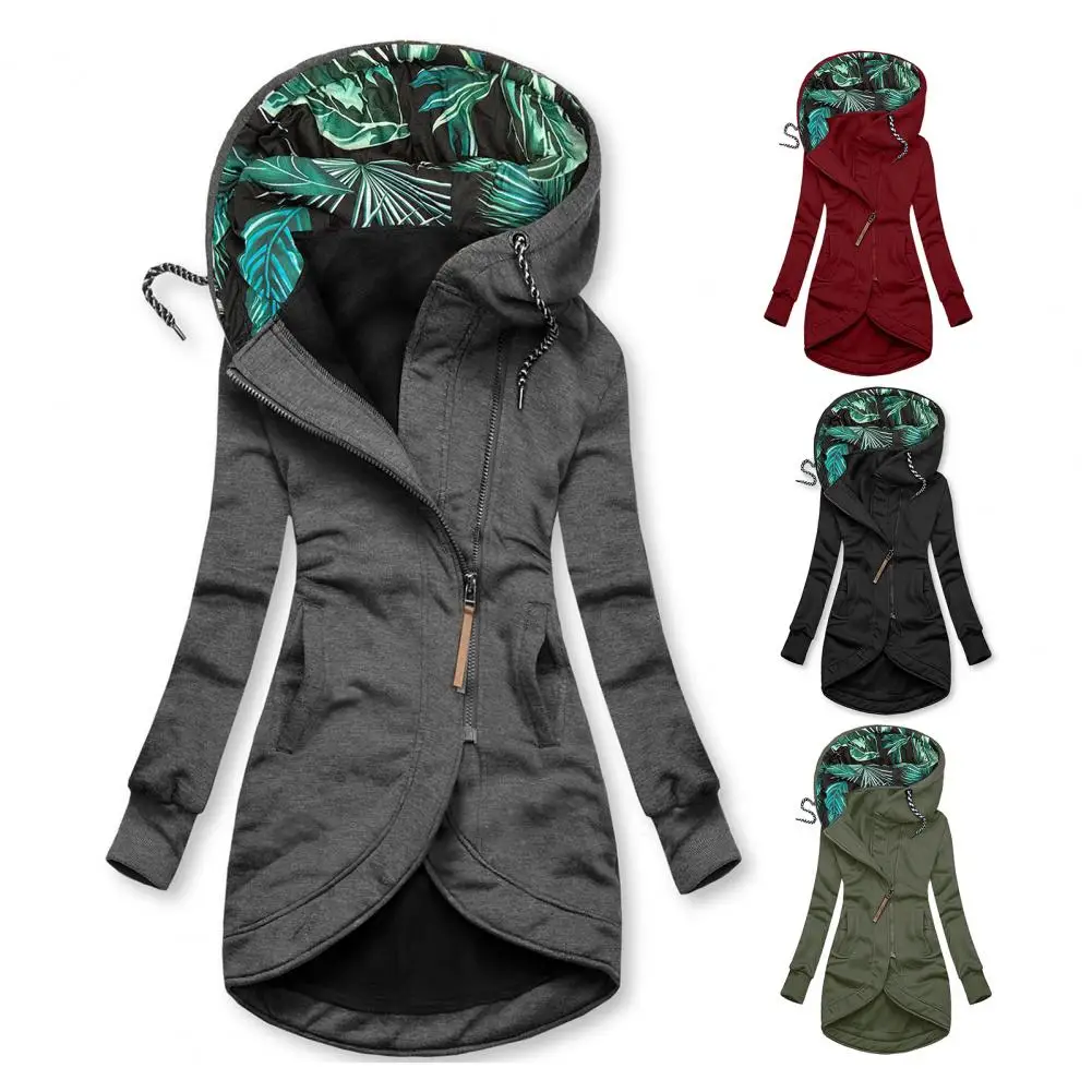 

Long Sleeve Thicken Women Jacket Coat Leaves Flower Print Hooded Long Winter Jacket For Work