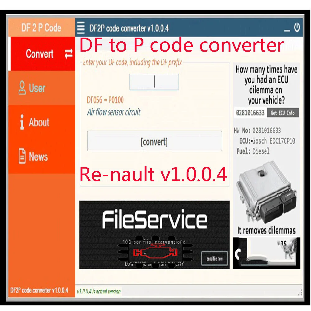 

Code Converter Software V1.0.0.4 for Renault DF to P Remove ECU Dilemma Diesel for Bosch File Service VS RENOLINK V2.09 V2.06