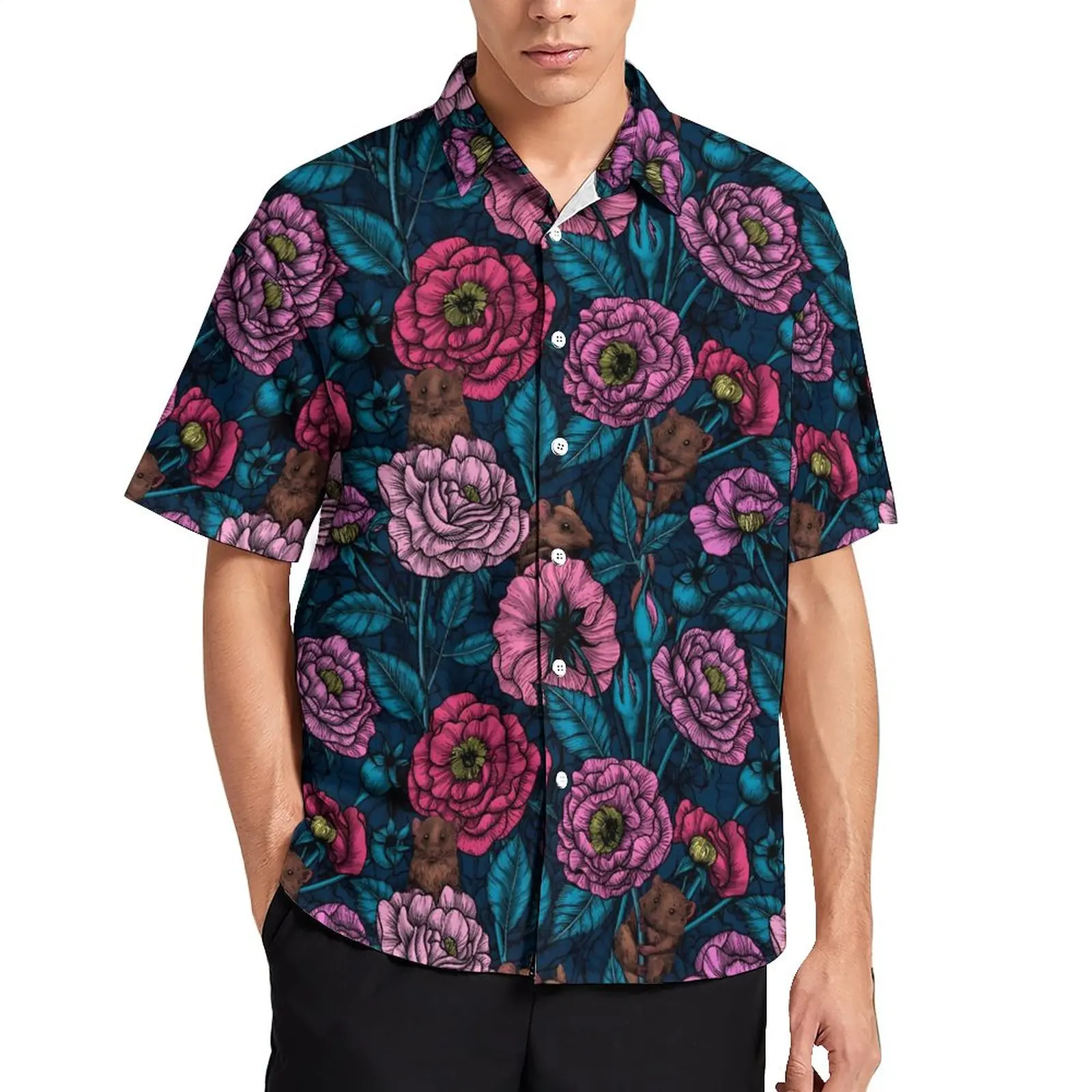 Men's Y2k Harajuku Rose Floral Social Casual Shirts Pink And White Beach Vintage Hawaiian Streetwear Blouses Graphic Plus Size