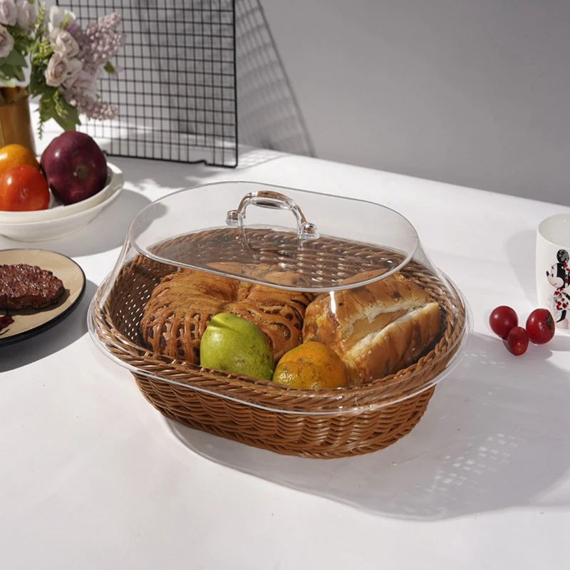 Woven Rattan Basket Bread Basket with Acrylic Lid Tabletop Food Serving Basket Woven Fruit Basket with Cover Imitation Rattan