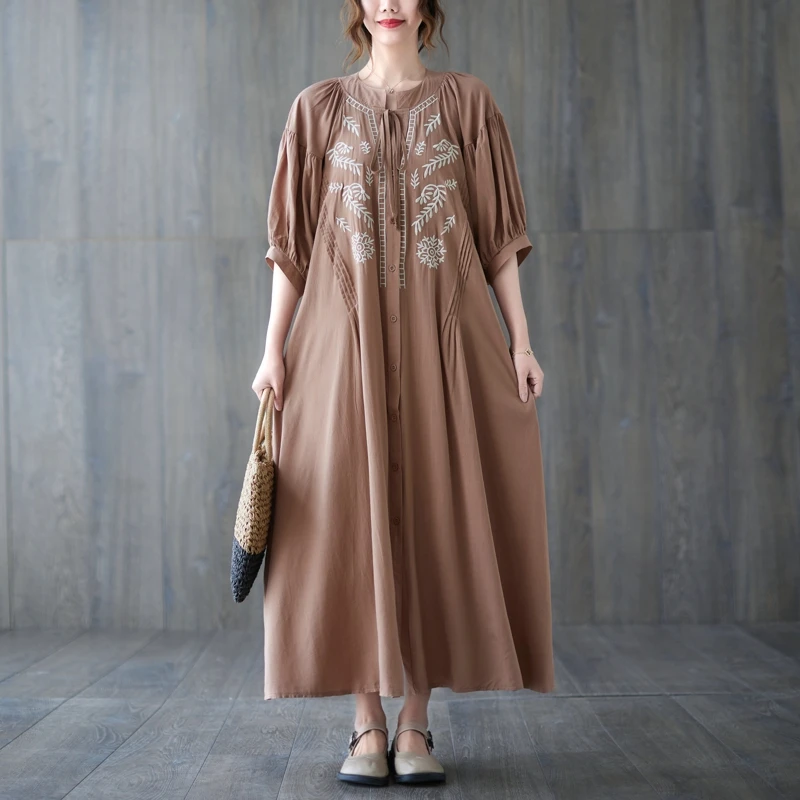 

AYUALIN Casual Puff Sleeve Dresses Autumn Rayon Cotton Boho Vestidos Vintage Ethnic Embroidery Loose Dress for Women Tunic Gown