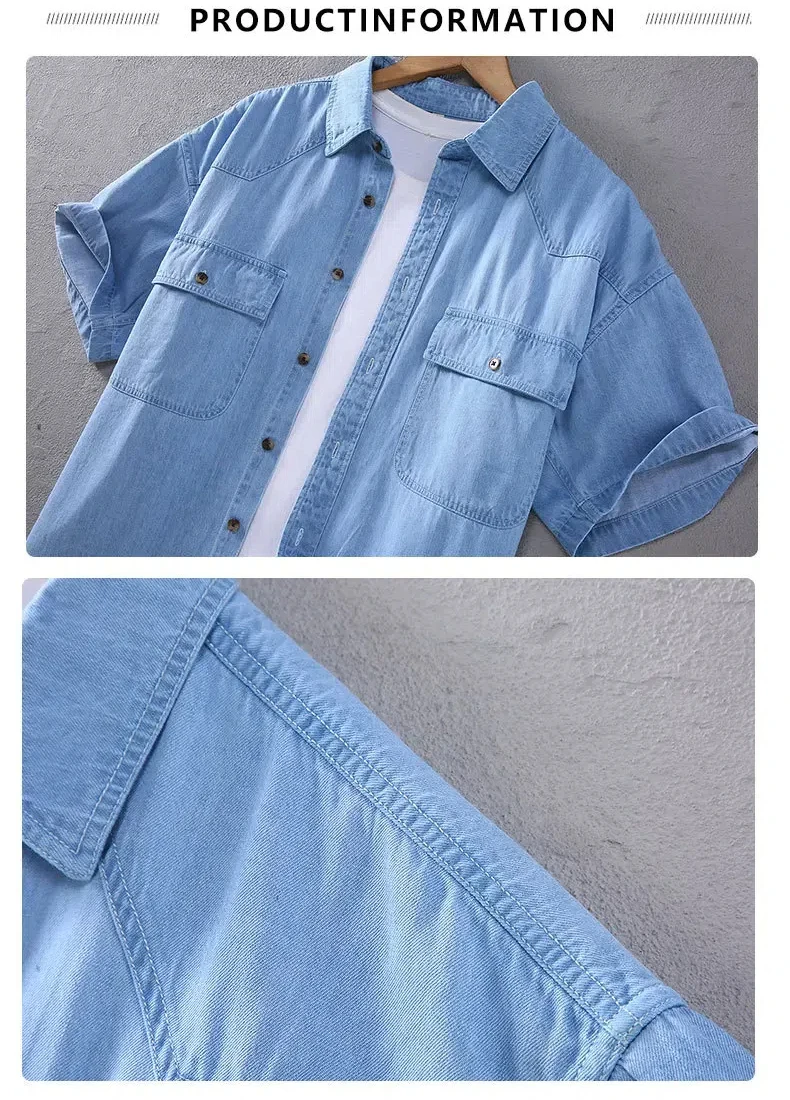 Summer Mens Short Sleeve Denim Shirt Retro Casual Workwear Square Collar Double Pockets Loose Jean Shirts Korean Popular Clothes