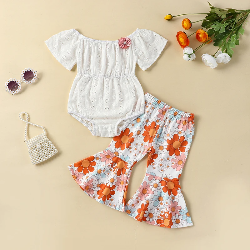 

2023-05-06 Lioraitiin 0-24M Baby Girls Summer Outfit Short Sleeve Romper and Elastic Floral Flared Pants Set Cute Clothes