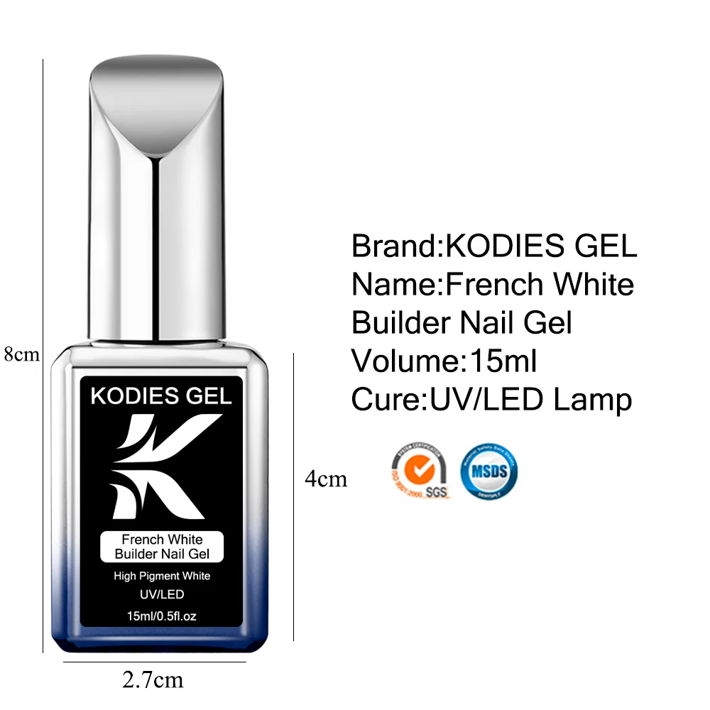 KODIES 젤 프랑스 화이트 빌더 네일 젤, 익스텐션 매니큐어 아크릴 젤, 반영구 UV/LED 건설 바니시 락, 15ml