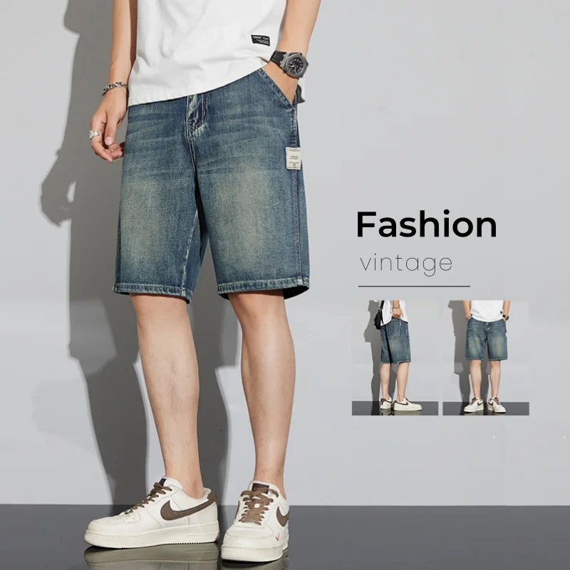 Summer Vintage Denim Shorts Men's Fashion Straight Casual Loose Streetwear Bermuda Jeans Male Short Pants Streetwear 1