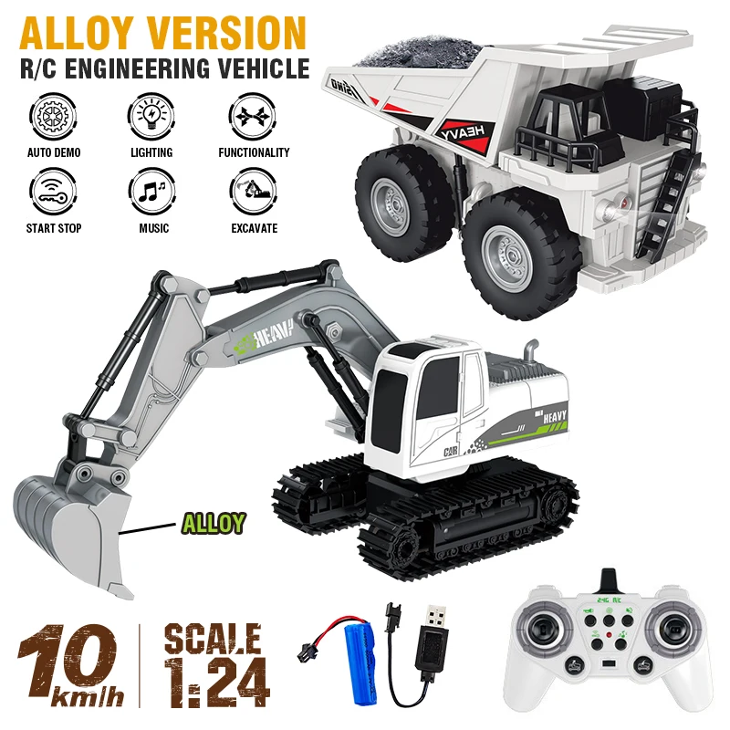 Rc Alloy Excavator 1/24 11Ch Engineering Truck 2.4G Remote-controlled Transport Dump Truck with Lights and Music for Boys Gift