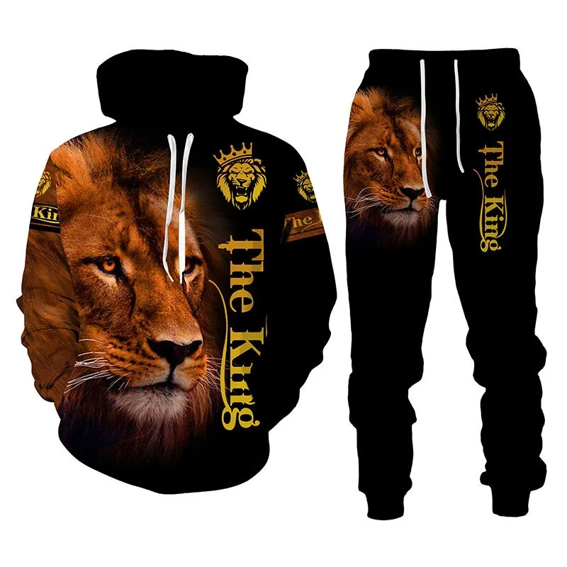 European and American Autumn and Winter Men's Hoodie Guard Pants Set Casual Sports Set Large Animal Lion 3D Printing Hoodie