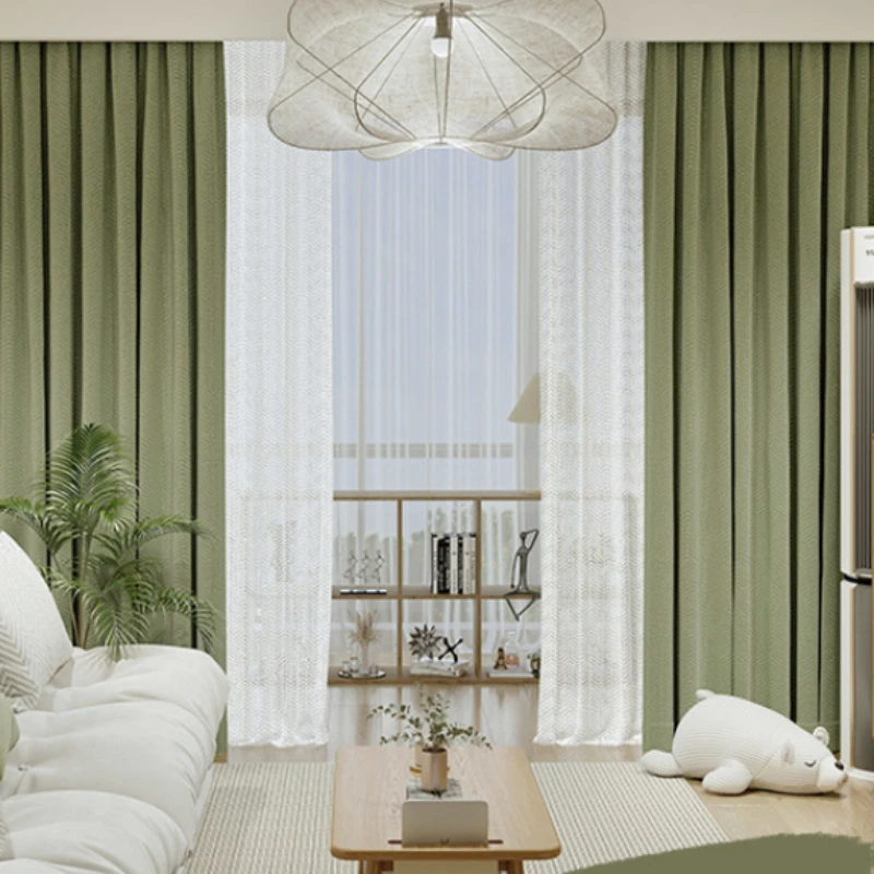 

Thickened chenille herringbone pattern blackout curtains ins wind matcha green simple modern living room bedroom curtains