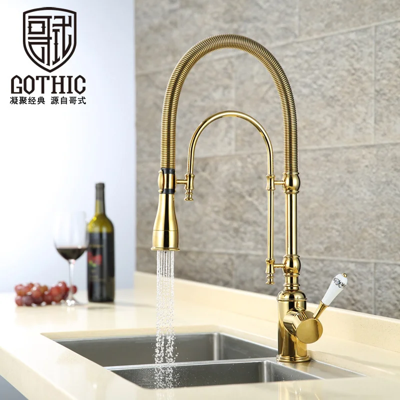 Antique Golden Kitchen Sink Faucet Black Brass Washbasin Spring Cold&Hot Mixer Pressurization Rotatable Put-out Kichen Crane Tap