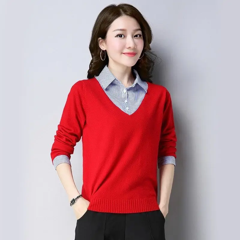 Stylish Button Knitted Spliced Fake Two Pieces Striped Blouse Women Clothing 2022 Autumn New Casual Pullovers Loose Korean Shirt