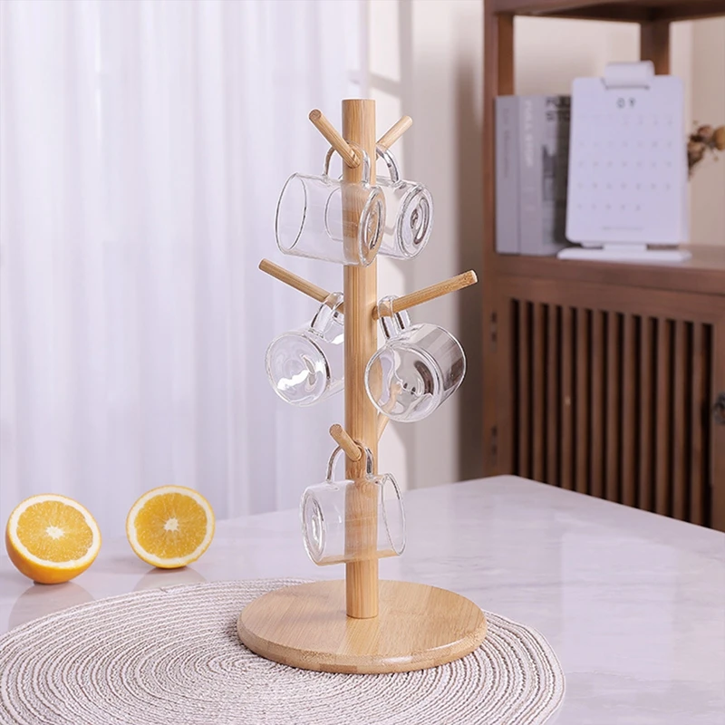 Wooden Mug Hanging Display Rack Drinkware Shelf With 6 Hooks Tree Shape Wood Coffee Tea Cup Storage Holder Stand Tumbler Holders