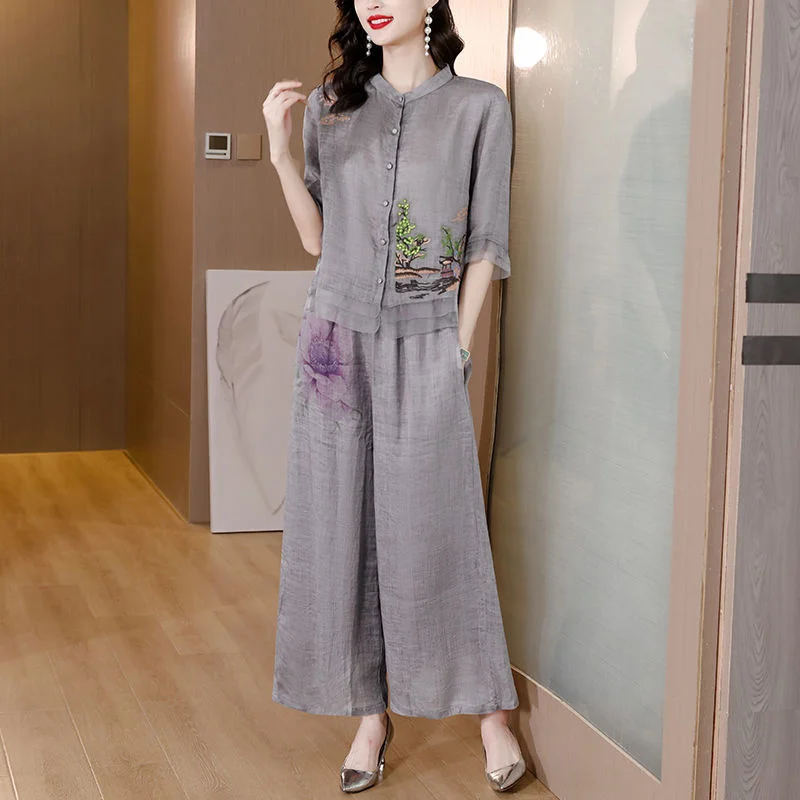 

Chinoiserie Cotton And Hemp Women's Set Summer Casual Embroidery Single-breasted Half Sleeves Top Wide-leg Pants Two Piece Set