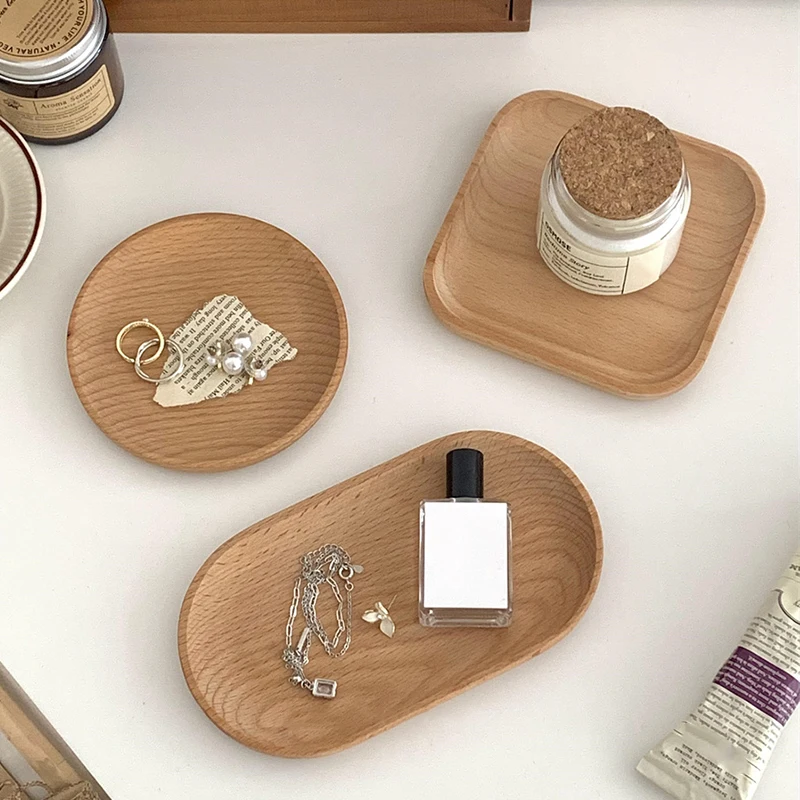 INS Wooden Tray Round Oval Cake Dessert Plate Japanese Style Wood Snack Dried Fruit Plate Household Kitchen Table Decor 2