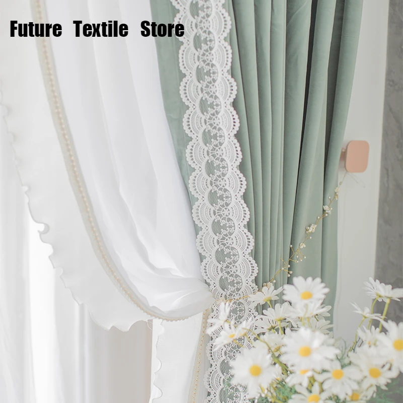 2022 New Avocado Green French Lace Princess Style Curtains Bedroom Living Room Bay Window Shading Curtains Modern and Simple