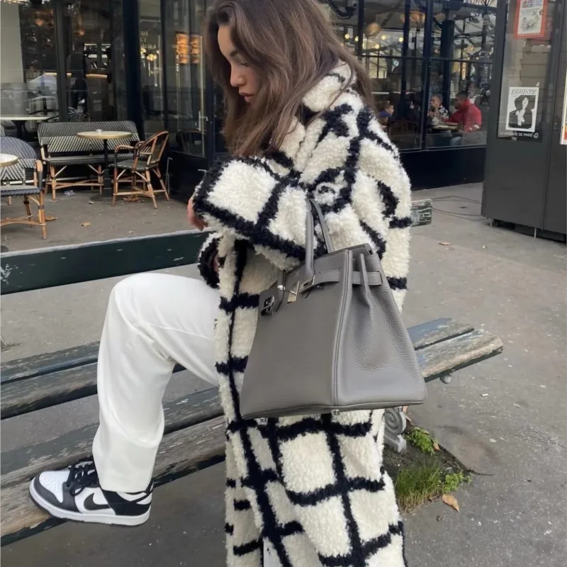 Winter Notched Collar Plaid Hairy Shaggy Faux Fur Long Teddy Coat Woman Shearling Fluffy X-Long Jackets Keep Warm Outerwear