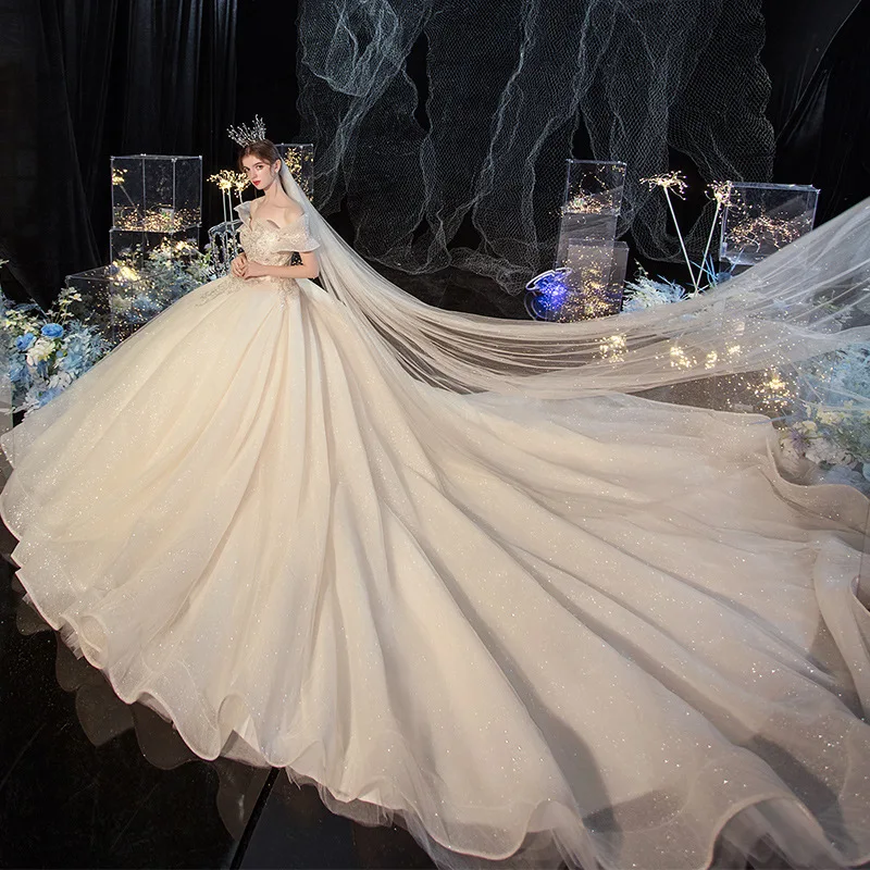 

Starry Main New Wedding Dress Temperament Bride off-Shoulder Trailing Super Fairy Mori Style Dream Little Autumn