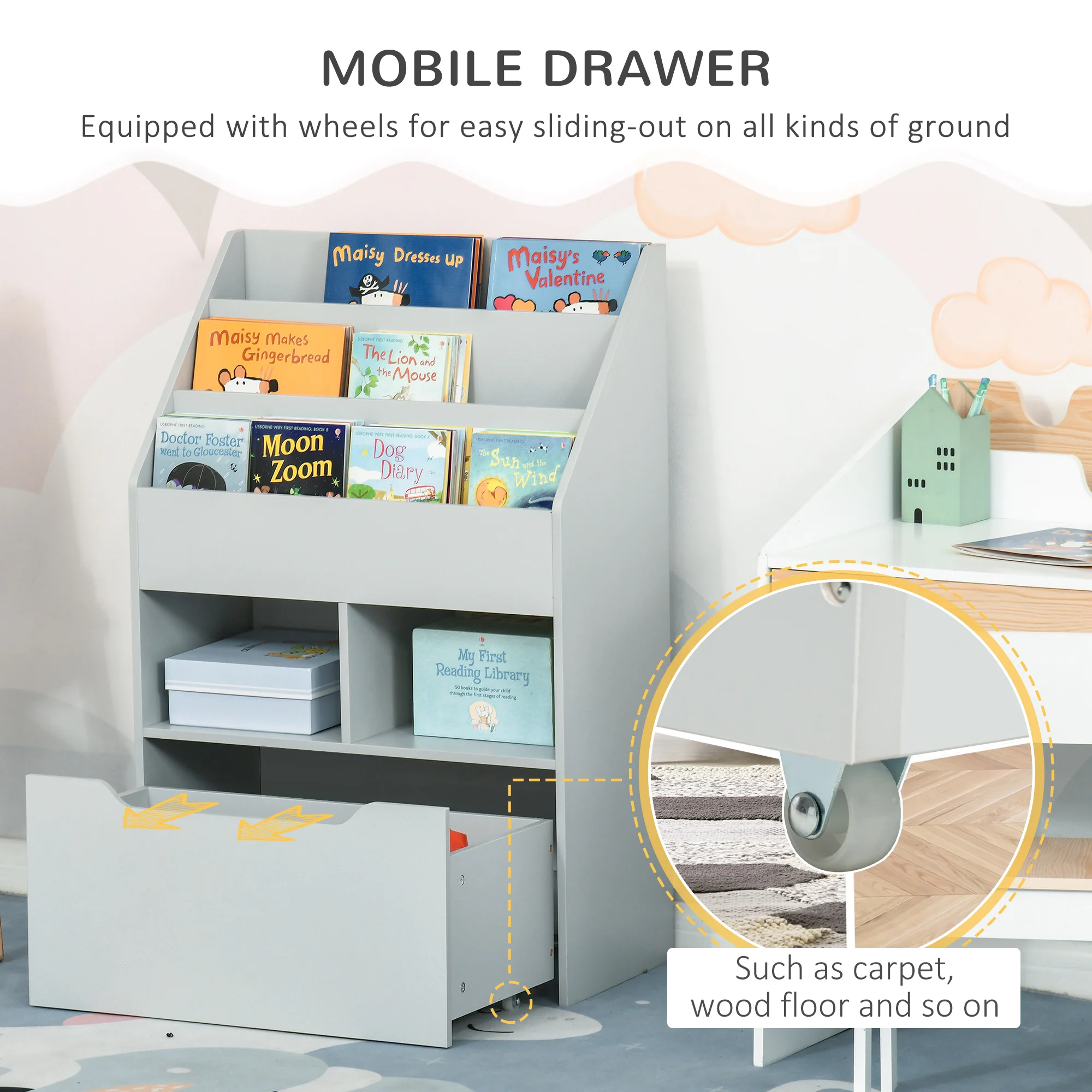 Kids Storage Bookcase Stand w/ Display Shelves & Drawer for Toys & Books, Grey