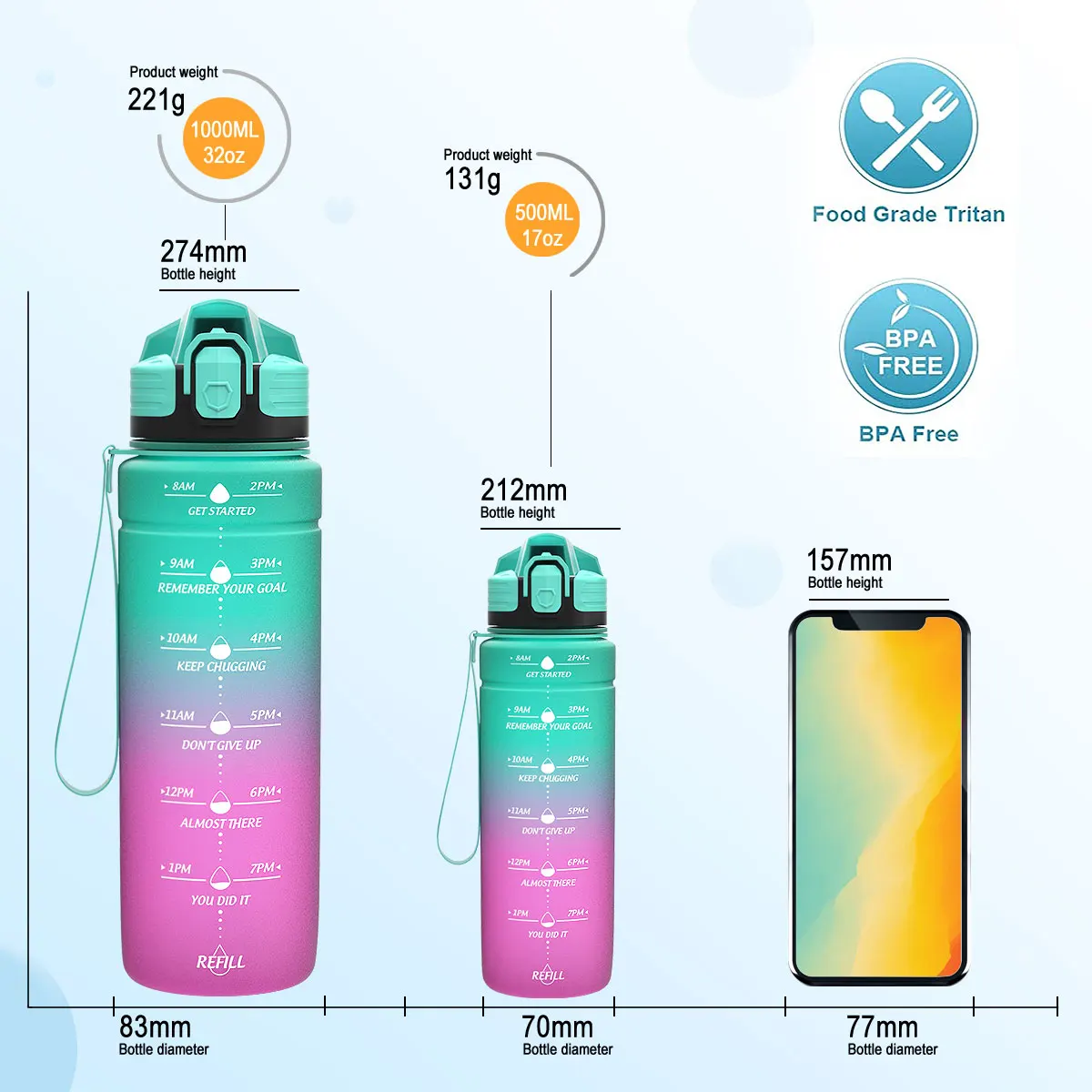 500/700/1000ML Sports Water Bottle With Time Marker Leakproof Portable Drinking Bottle For Outdoor Tour Fitness BPA Free Garrafa