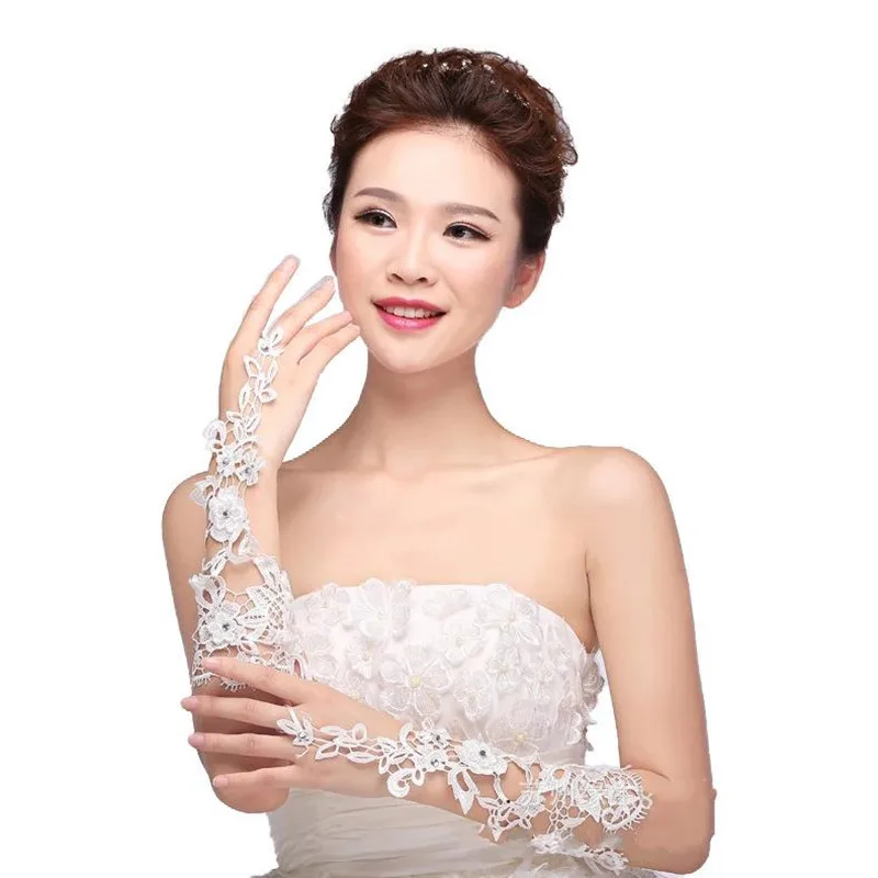 

White Lace Rhinestones Fingerless Bridal Gloves Elbow Length Prom Party Lace Gloves for Women and Girls