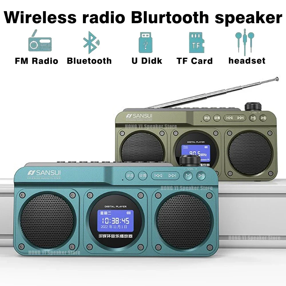 

New Sansui F28 Retro Radio Wireless Bluetooth Speaker Portable Stereo Subwoofer Mini Plug in Walkman Clock alarm Music Player