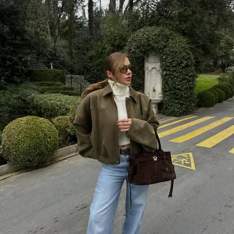 Women Green Suede Leather Jacket 2025 Fashion Oversized Full Sleeve Lapel Bomber Coat Female High Street Outerwears New Spring