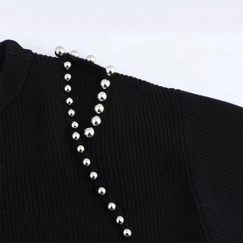 Fashion Women's Beading Sweater Pullover Elegant Knitted Black Long Sleeve O-neck Jumper 2025 New Spring Lady Casual Outwears