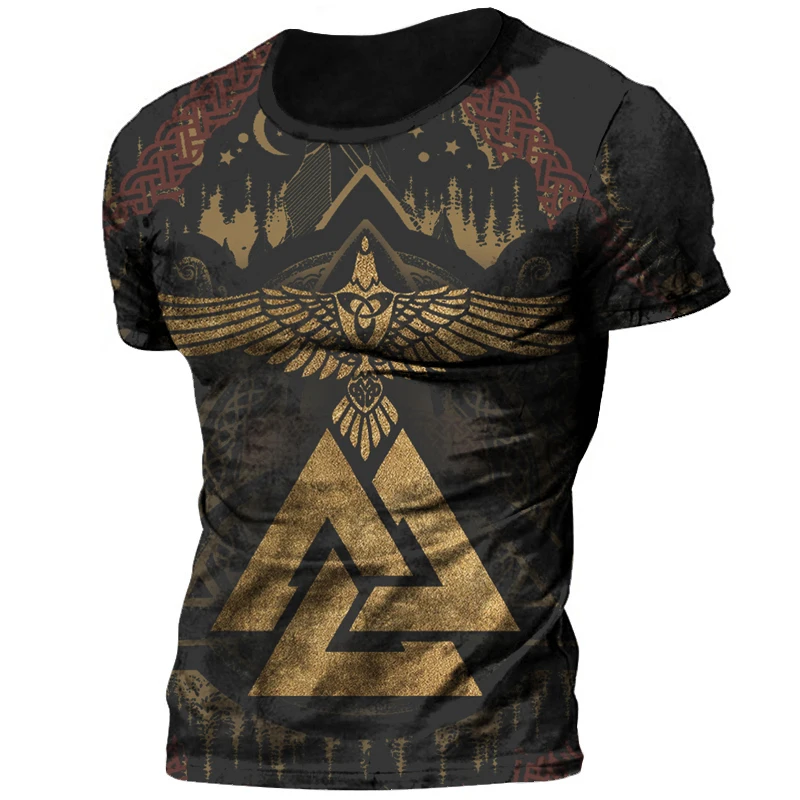 

Retro Viking Tattoo 3D Print Men's T-shirts Summer Viking Odin Crew Neck Loose Short Sleeve Casual Tops Tees Oversized T Shirts