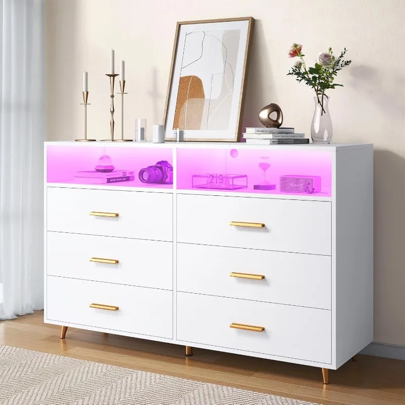 Dresser for Bedroom, White Dresser with LED, Chests of Drawers, 6 Drawers & 2 Shelves for Bedroom
