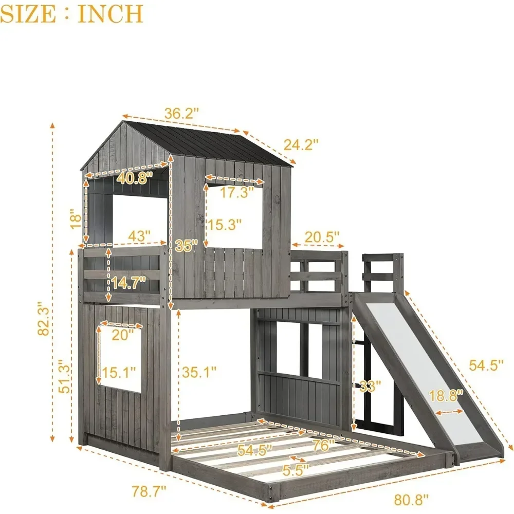 House Bunk Beds Twin Over Full Size, Wood Bunk Beds with Roof and Window Distressed Grey, Twin Over Full with Slide 5