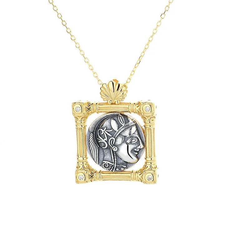 

N1ZFSILVER 925Sterling Silver Fashion Square Athena Retro Gold Ancient Coin Necklace Pendant Without Chain Women Wedding Jewelry