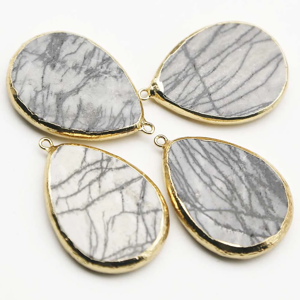 Exquisite Natural Semiprecious Stone Water Drop Black Mesh Gold Edge Pendant DIY Jewelry Accessories Wholesale 6PcsFree Shipping