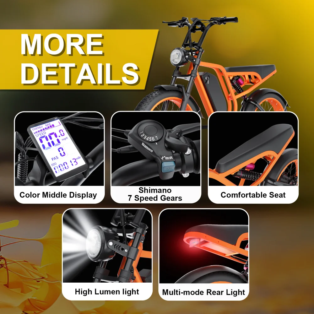 Moobelo B8 Electric Bike for Adults 20'' 1500W Motor 80 Miles Range 32MPH Mountain Snow Electric Bike 52V 20AH Removable Battery