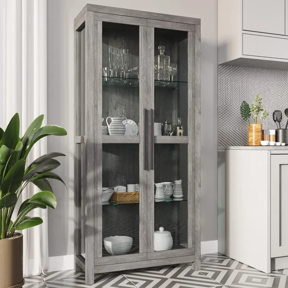 Bookcase, Tall Bookshelf or Display Cabinet for Living Room Bedroom, Curio Cabinet with Tempered Glass Doors,  Gray , Bookcases