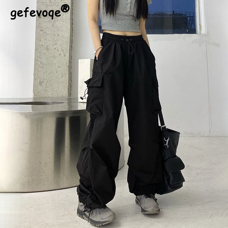 

2023 Women Vintage Casual Y2K Streetwear Hip Hop Baggy Cargo Pants Korean Fashion Solid Oversized Drawstring Trousers Pantalones