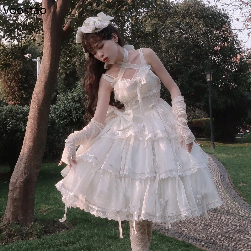 Sweet White Lolita Jsk Dress Victorian Retro Women Elegant Lace Butterfly Sleeveless Flower Wedding Party Dress Kawaii Vestidos